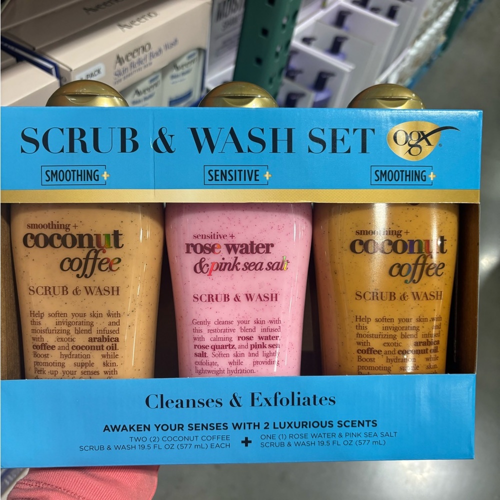 3-pc OGX Scrub & Wash Coconut Coffee Rose Water Exfoliating Cleanser set 19.5oz